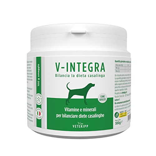 V Integra cane adulto è un mangime complementare in polvere composto da vitamine e minerali, formulato da veterinari nutrizionisti per bilanciare diete casalinghe per cani adulti di tutte le taglie. Idoneo a colmare le carenze nutrizionali naturalmente presenti nelle diete casalinghe, sia crude che cotte.
