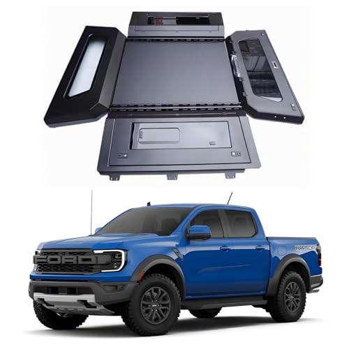 BKEOFGEB Truck Bed Cap Topper for Ford Ranger Raptor 5ft 2024-2026 - Heavy Duty Steel Topper, Heavy-Duty Bed Cover, LED Lighting, Lockable (Side Glass Sliding Window)