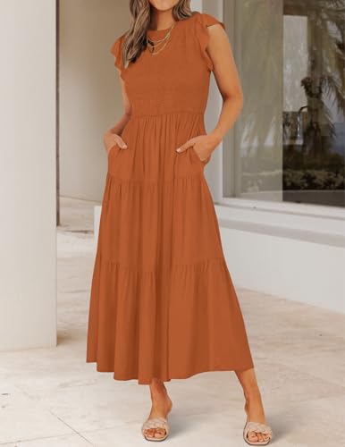 Image of ZESICA Women's 2026 Summer Casual Flutter Short Sleeve Smocked Midi Dress