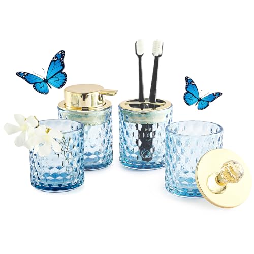 Blue Bathroom Accessories, 4Pcs Blue Bathroom Accessory Set Complete, Toothbrush Holder Set, Soap Dispenser, Qtip Holder, Tumbler, Perfect for Bathroom Decor and Vanity