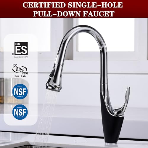 Image of sumerain Single-Hole Kitchen Faucet with Pull Down Sprayer,Single Handle Stainless Steel Kitchen Sink Faucet,Chrome & Black