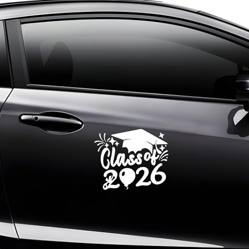 Image of 2x Class of 2026 Car Sticker & Graduation Hat Sticker Removable Graduate Decal Car Stick 8 inchx 7.1 inch Waterproof Vinyl Decals Arts & Crafts for Graduation Party Decorations (White)