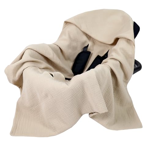 Babylux Musselin Einschlagdecke mit Kapuze 90x90 cm Sommer Babydecke für Autositz & Babyschale 100% Baumwolle Atmungsaktiv & Leicht (Beige)