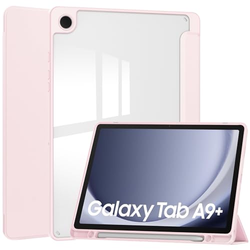Tablet Case for Samsung Galaxy TAB A9+/A9 Plus 11 inch, Slim Tri-Fold Cover with Pen Holder, Shockproof Cover with Clear Back Shell for Galaxy TAB A9+/A9 Plus 2023, Auto Wake/Sleep Pink