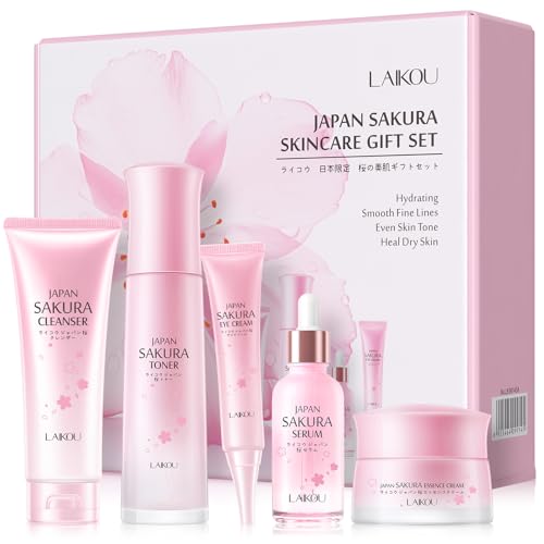 LAIKOU Kit Sakura Facial, 5 Piezas Sakura Skincare Kit, Pack Cuidado de la Piel Mujer, con Limpiador Tónico Suero Crema para Ojos Crema, Set Hidratante Facial para Adolescentes y Mujeres