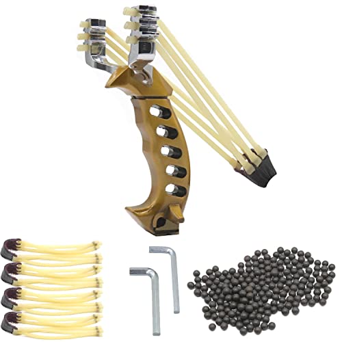 AUVIM Steinschleuder Set Hochgeschwindigkeits-Jagd Schleuder Katapult-Schleuder mit 200 Munitionsbällen und 4 Gummibändern für Kinder/Kinder/Erwachsene im Freien (Golden)
