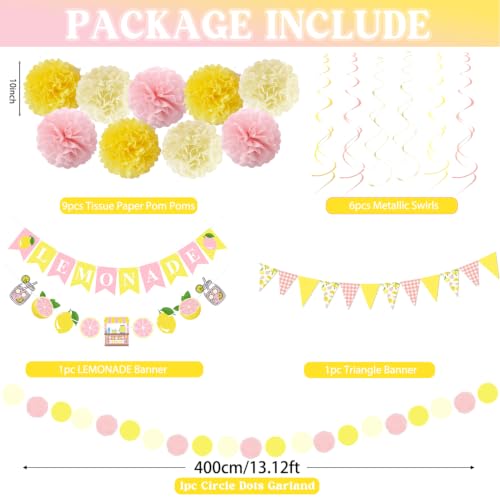 Image of Tesochye Lemon Party Decorations,Pink and Yellow Lemonade Stand Decor | Lemon Triangle Banner, Lemonade Banner,Tissue Pom Poms, Hanging Swirls,Circle Dots Garland for Lemon Birthday Bridal Shower