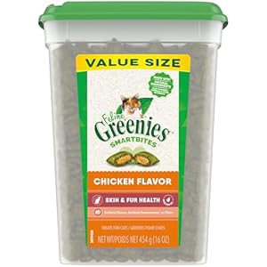 FELINE GREENIES SMARTBITES Skin & Fur Health Crunchy and Soft Textured Adult Natural Cat Treats, Chicken Flavor, 16 oz. Tub
