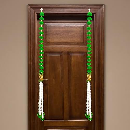 Image of iHandikart Decorative Pack of 2 Green Pom Pom Wall Hanging, 39 Inch Long Pom Pom & Bead Strings for Home, Balcony & Festive Decor, Ideal Entrance Decoration & Housewarming Gift (RK-155-2-Green)