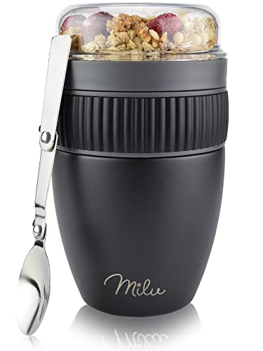 Milu Taza para muesli to go 400ml acero inoxidable I Vaso con 2 Partes para sopas ensaladas Pasta Yogur postres - aso de yogur a prueba de derrames con cuchara (Negro) Cover