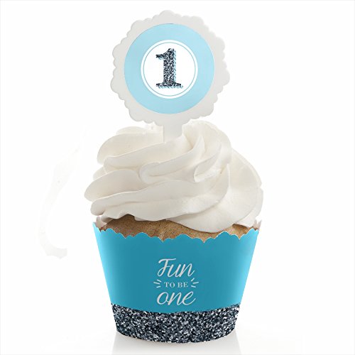 1st Birthday Boy - Fun to be One - First Birthday Party Cupcake Wrapper and Pick - Cupcake Decorating Kit - Set of 24