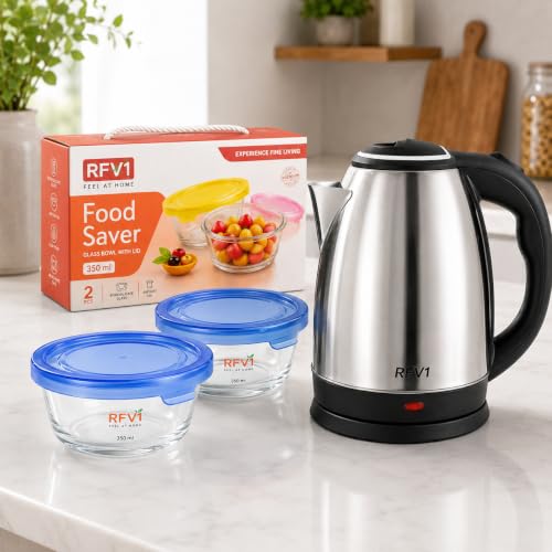 Image of 3-Piece Kitchen Combo Set | 2 Litre Stainless Steel Electric Kettle with Automatic Shut-Off & 360 Swivel Base | 2 x 350 ml Glass Bowls with Airtight Lids BEST FOR DIWALIGIFTING