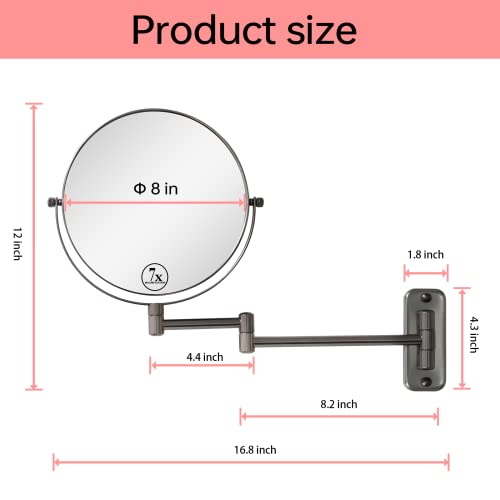 Lansi Wall Mounted Makeup Mirror - Gunmetal Grey 1X/7X Magnifying Mirror, 8'' Double Sided Bathroom Mirror, Vanity Mirror For Shaving And Makeup, 360° Swivel Extendable Wall Mirror #TOP4