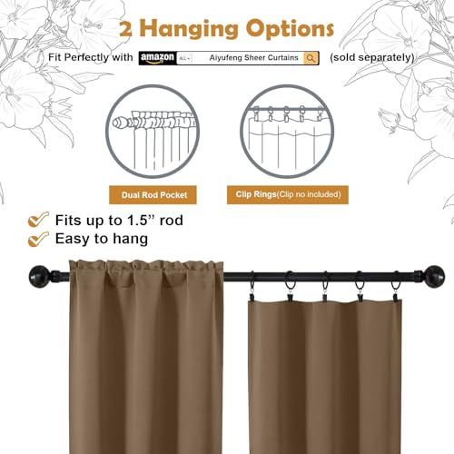 Image of Aiyufeng Brown Short Blackout Curtains for Bedroom 54 Inches Long 2 Panels Set, Solid Thermal Insulated, Energy Saving Window Treatment Curtains Blackout Drapes, W40 x L54 Inch, Brown