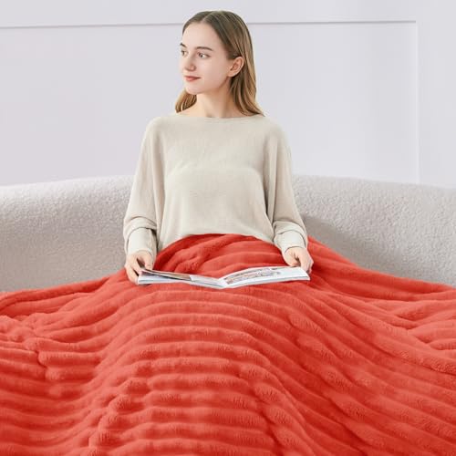 Image of BEDELITE Ribbed Fleece Throw Blanket for Couch, Coral Red, 50 inchx60 inch | Ultra-Soft Plush Fleece, Warm Yet Lightweight, Ribbed Texture, Home Decor, Machine Washable, Giftable, All-Season Use