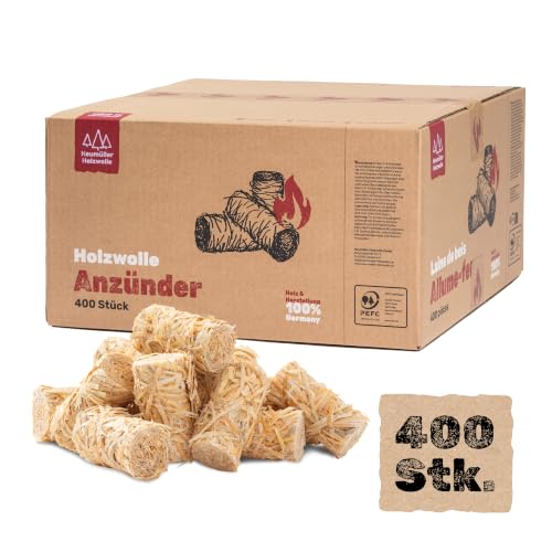 Heumüller Holzwolle 400 Stück Holzwolle-Anzünder Kaminanzünder - Grillanzünder | Anzünder aus Holzwolle & Wachs | Für Kamin, Ofen, Grill, Feuerstellen & Lagerfeuer geeignet