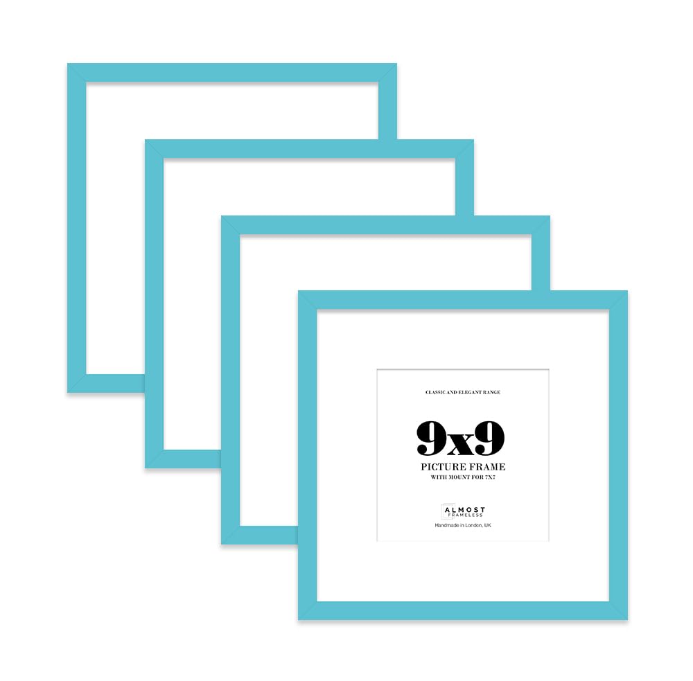 9x9 Turquoise Picture Frame with Mount for 7x7 Photos, Prints - Modern Square Wall Frame, Set of 4