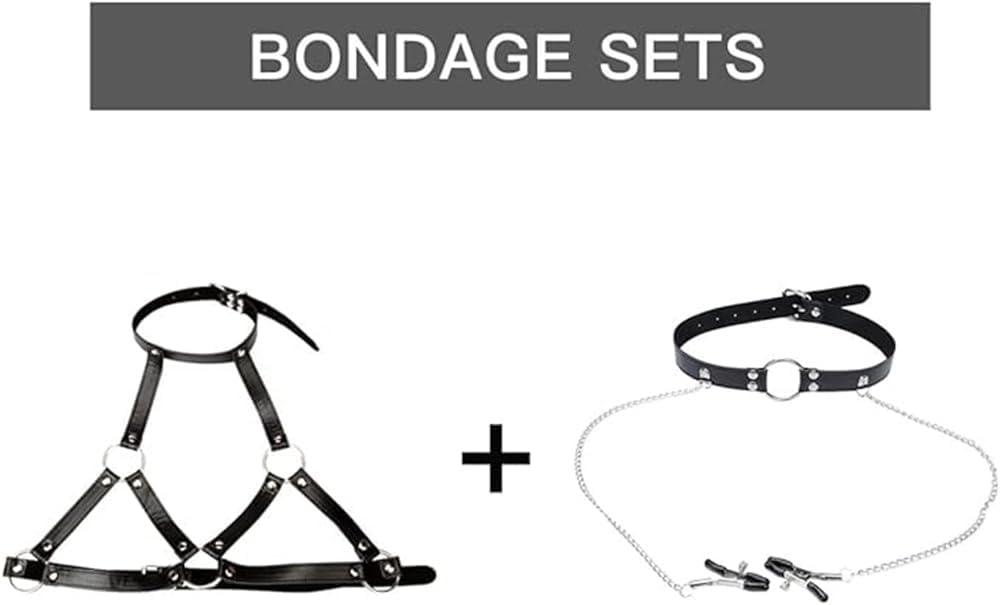 BDSM Nipple Clamps with Mouth O-Ring Gag & Chest Harness Sex Toys