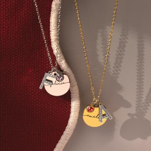 MignonandMignon Personalized Initial Birthstone Necklace for Women Gold Name a Necklace Coin Pendant Custom Jewelry for Mom Gifts for Her – CN-ZI-BS-N4