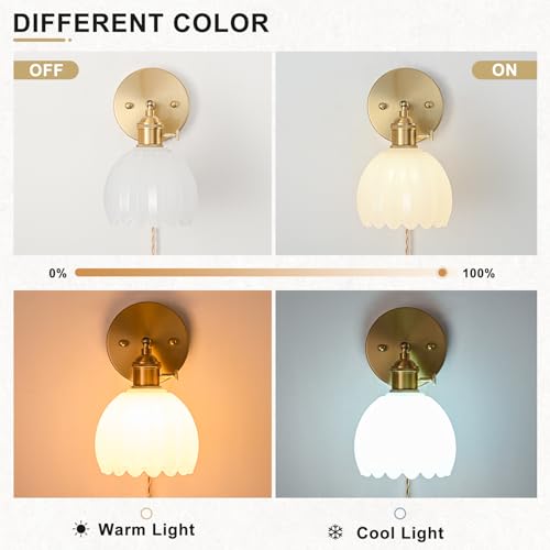 Image of Plug in Wall Sconces Set of 2, Vintage Wall Sconce Light with Tulip Milk White Glass Lampshade, Bedroom Wall Sconce with Switch and Plug in wall lamp Cord, Gold Wall Light Wall Decor Set of 2