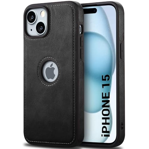 Image of TheGiftKart Genuine Leather Finish Back Cover Case for iPhone 15 | Shockproof Design | Raised Edges for Camera & Screen Protection | Stunning Minimalist Design Back Case Cover (Black Sides, Black)