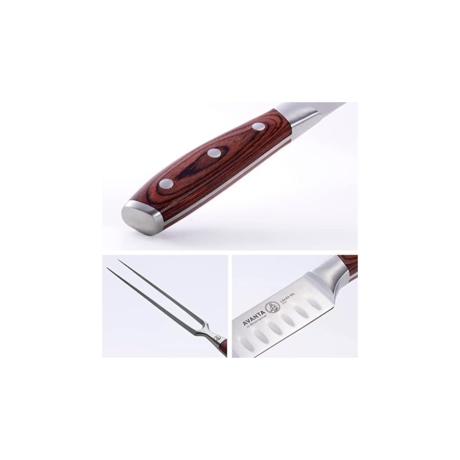 Messermeister Avanta Variety Set - Includes 4 Fine-Edge Steak Knives + Kullenschliff Carving Set with Knife & Fork - German X50 Stainless Steel - Rust Resistant & Easy to Maintain - 6 Pieces Total