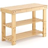 DUMOS Shoe Rack Bench with Storage, 3-Tier Bamboo Entryway Benches, Wooden Shoe Rack Holds Up to 286 lb Storage Organizer, Suitable for Bedroom Living Room Balcony, Classical Wood
