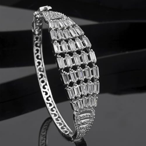 Image of ZENEME Rhodium-Plated Silver Toned American Diamond Studded Contemporary Kada Bracelet For Girls and Women