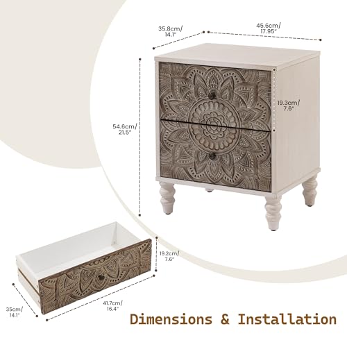 Image of SUNBURY Vintage Wooden Nightstand Set 2, Wood Accent Table with 2 Drawers, Elegant Bedside Table End Side Table for Bedroom, Living Room (Lotus)