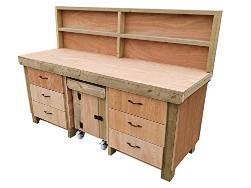 Image of Arbor Garden Solutions Wooden Work Bench With Drawers and Functional Lockable Cupboard and Back Panel - 18mm Eucalyptus Top (8ft)
