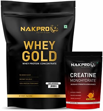 Nakpro Gold 100% Whey Protein Concentrate, 1 Kg Unflavoured with 100g Creatine - Tangy Orange | Easy Mixing, Low Carbs, Easy Digesting Whey Protein Supplement Powder (Combo Pack)