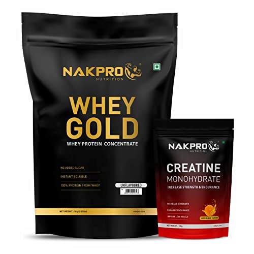 Nakpro Gold 100% Whey Protein Concentrate, 1 Kg Unflavoured with 100g Creatine - Tangy Orange | Easy Mixing, Low Carbs, Easy Digesting Whey Protein Supplement Powder (Combo Pack)