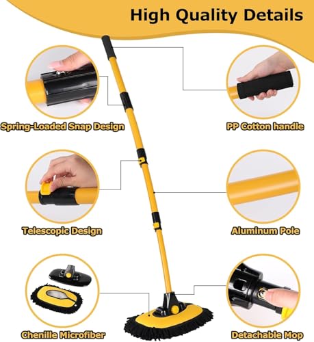 Image of Fulminare 15 Curved Car Cleaning Brush Duster with Telescopic Handle 43 inch Aluminum Alloy Long Rod Wash Mop for Washing Car Van Soft Chenille Scratch Free Car (Black)