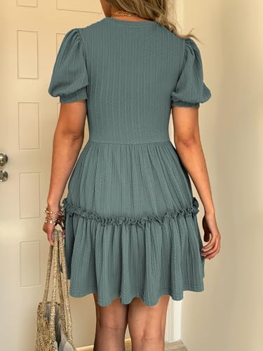 Image of Mieazom Women's Puff Sleeve Ruffle Dress, Brown Cotton Blend Mini Dress with Pockets, Elastic Waist & Flowy Fit