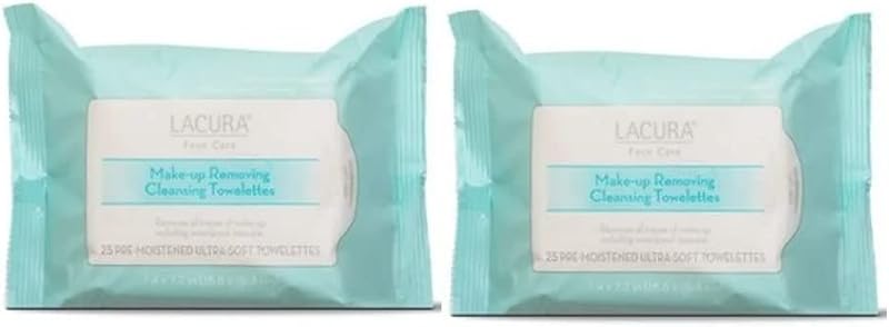 Lenços de limpeza facial Lacura para remoção de maquiagem, 18,8 x 18,3 cm, 25 unidades, 2 pacotes