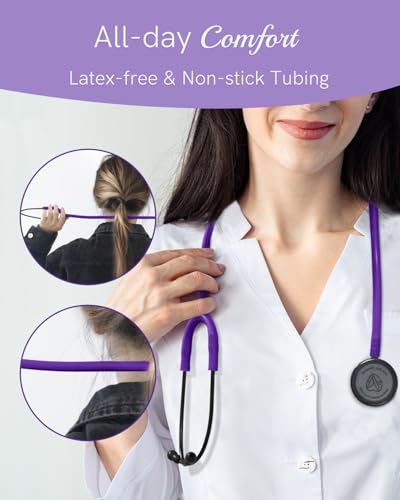 Image of FriCARE Dual Head Stethoscope - Stethoscopes for Nurses, Medical Nursing Students, Paramedics /EMT /LVN /VNA Backup Estetoscopio, Dark Purple Tube, Matte Black Finish Chestpiece