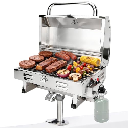 Boat Grill with Rod Holder Mount Large Cooking Area for 4-5 People Thickened 304 Stainless Steel 3-Min Setup Fast and Even Heating Easy to Clean Portable for Marine & Land Use 1 Year Warrnaty