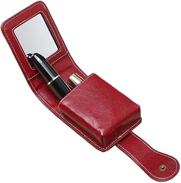 PU Leather Lipstick Case Travel Makeup Bag with Mirror - Slim Lipstick Holder Organizer Vanity Case Cosmetic Pouch for Small Makeup Bag for Women, Toiletry Bag Travel Essentials Gifts