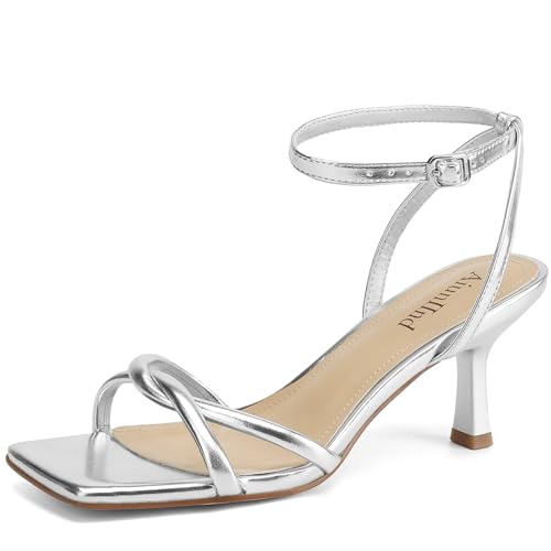 AIUNIIND Women's Sandals Square Open Toe Kitten Heels Strappy Ankle Strap Sandals for Women Comfort Dress Party Shoes Silver 8