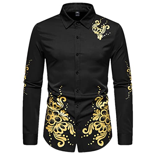 Chemise floral doré homme coupe ajustée noire vêtement de fête casual M