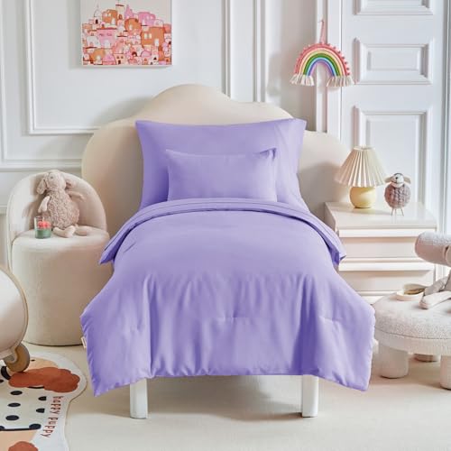Image of Kids Comforter Sheet Set - Soft and Breathable Bed Set Includes Quilted Comforter, Fitted Sheet, Flat Top Sheet, Pillowcase and Toddler Pillowcase for Toddler - 5 Pieces Toddler Bedding Set Purple