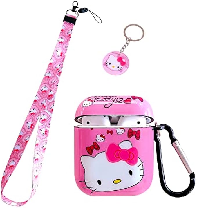 Cute Interesting Hello Cartoon Design Soft TPU Airpods 1/2 Case，with Unique Fashion Kawaii Pink Cat Lanyard Keychain，Airpods Case for Women and Girls