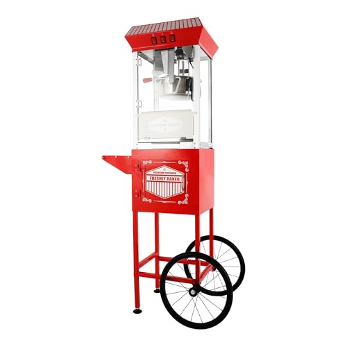 Image of 12 oz Popcorn Machine with Cart, Commercial Popcorn Maker Machine with Stainless Steel Kettle, Warming Light, Vintage Movie Theater-Style Popper for Home, Party and Carnival Events