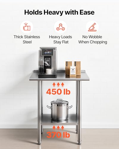 Image of VEVOR Stainless Steel Work Table, 24x30 Inch Food Prep Table with Backsplash, Commercial Kitchen Workstation with Adjustable Undershelf, Metal Heavy Duty Utility Worktable, for Restaurant Home Outdoor