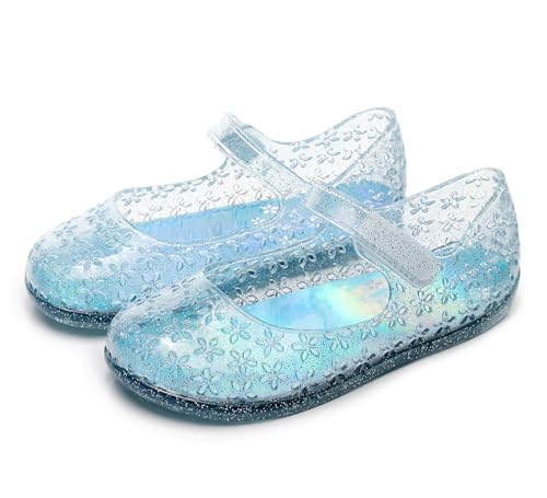 Image of Princess Dress Sandals Jelly Shoes for Toddler Girls Size 8, Blue Bird Nest Layered Lines Mary Jane Flats Childrens Clear Glitter with Hollow-Carved