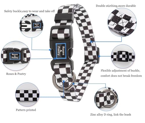 Roses&Poetry Dog Collar With Colourful Checkered Patterns,Adjustable Durable Puppy Collars for Small Medium Large Dogs(Black & White-XS) - Image 2