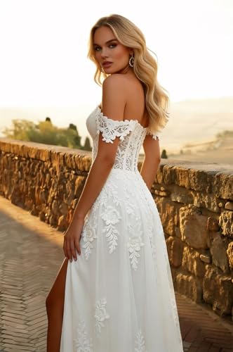 Ljeuyds White Chiffon Wedding Dresses for Bride Off Shoulder Long A Line Lace Appliques Beach with Slit Bridal Dresses Elegant Bridal Gowns for Women Wedding Gown US10