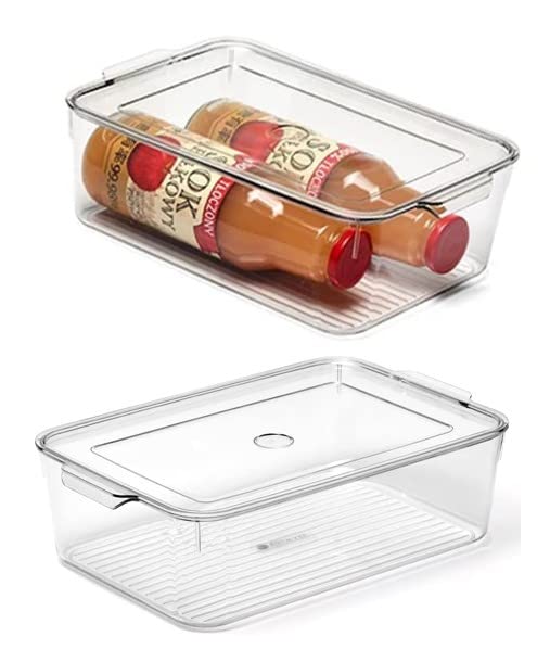 AtrauXPlastic clear Stackable Refrigerator Bins, Food Storage Containers Box with Lid & handles, Organizers for Kitchen Fridge, Freezer, Vegetables, Pantry, and Bathroom (Large 2 pack)