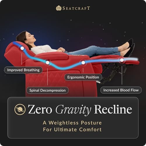 Image of Seatcraft Apex Red Italian Leather Home Theater Seating, Zero Gravity Power Recliner Chair, Powered Headrest and Lumbar Gaming and Lounge Sofa Furniture for Cinema Room, Row of 3 Right Loveseats
