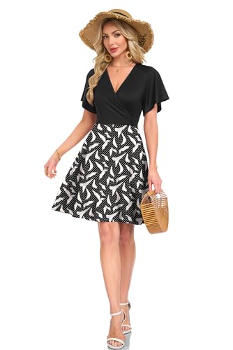 AUSELILY Damen Kleid Sommer Strandkleid Rüschenärmeln V-Ausschnitt Elastischer Taille und Taschen Swing Urlaubskleid Punkte Aprikose XXL 2